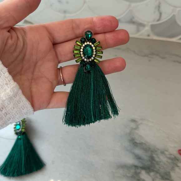 Jeweled, green tassel earrings - Picture 5 of 7
